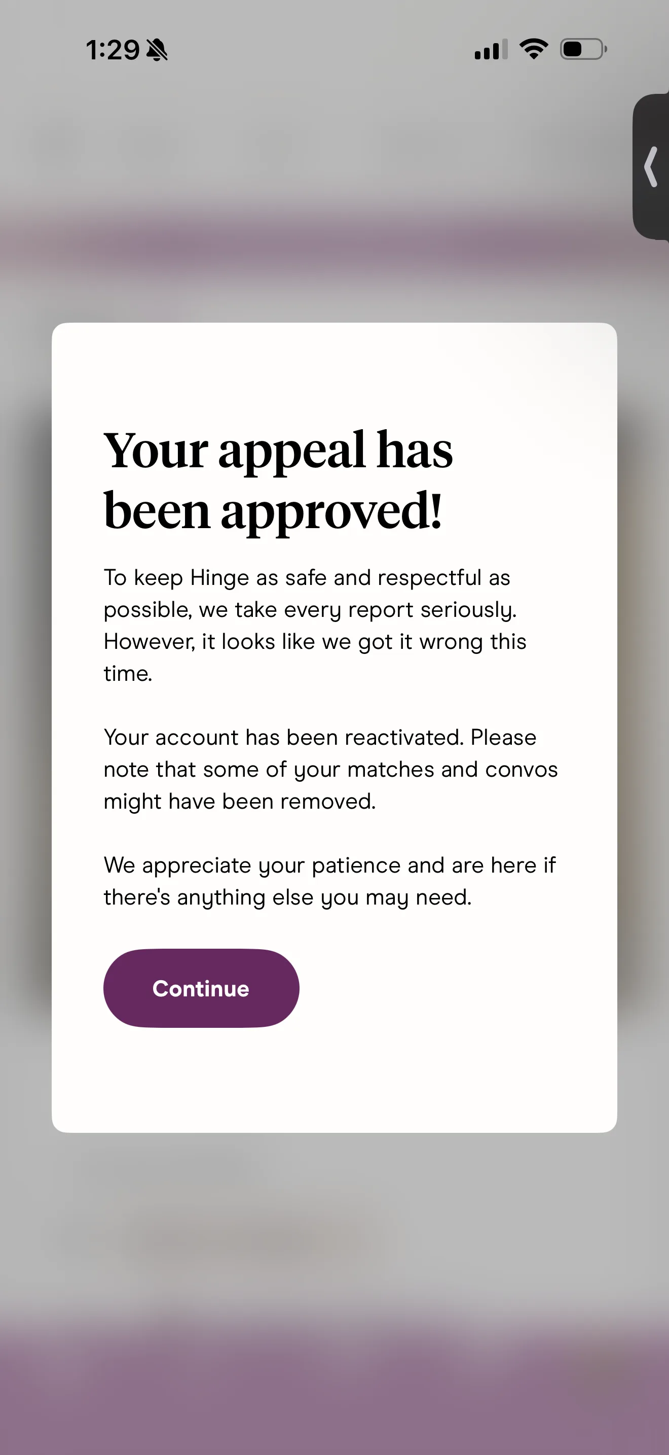 Hinge in-app modal: 'Your appeal has been approved! Your account has been reactivated.'