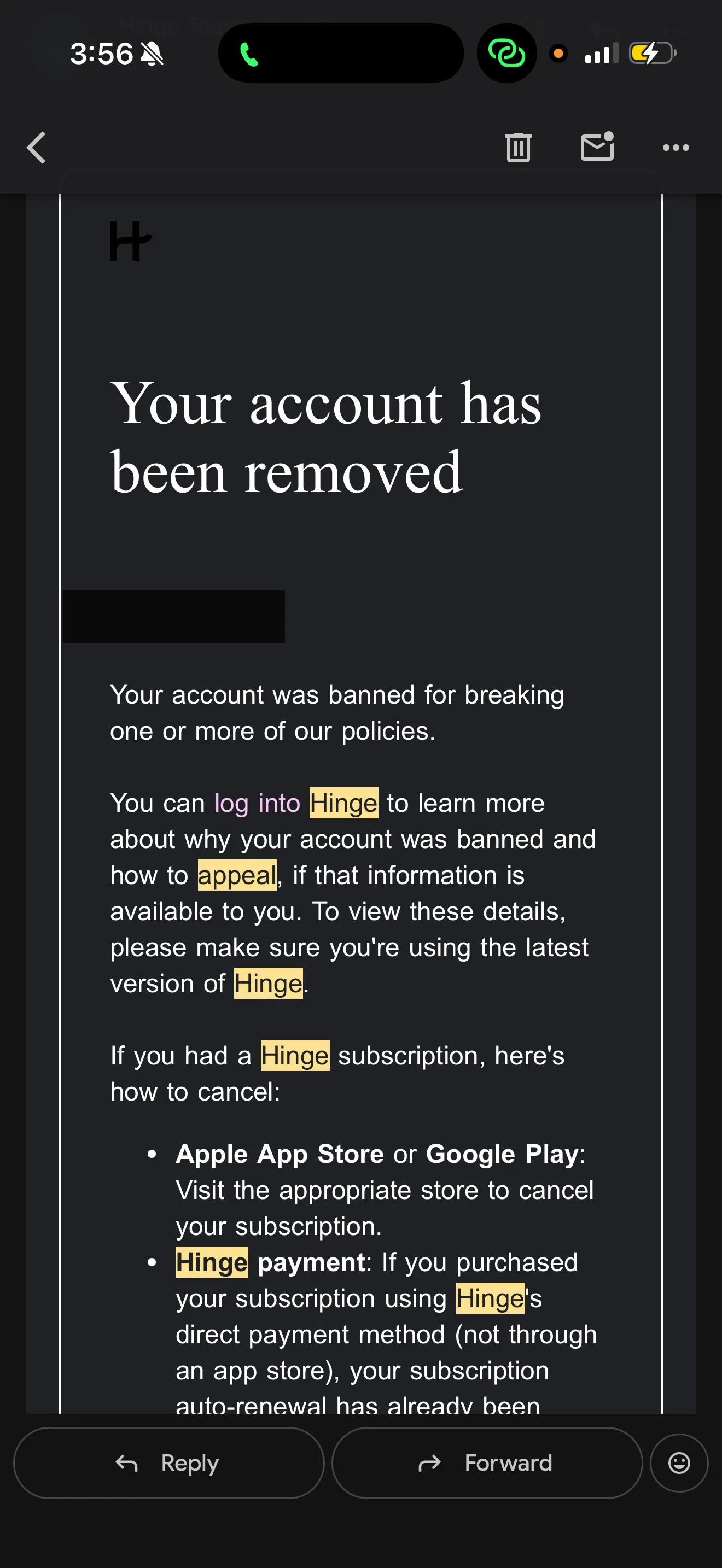 Hinge ban email: 'Your account has been removed'