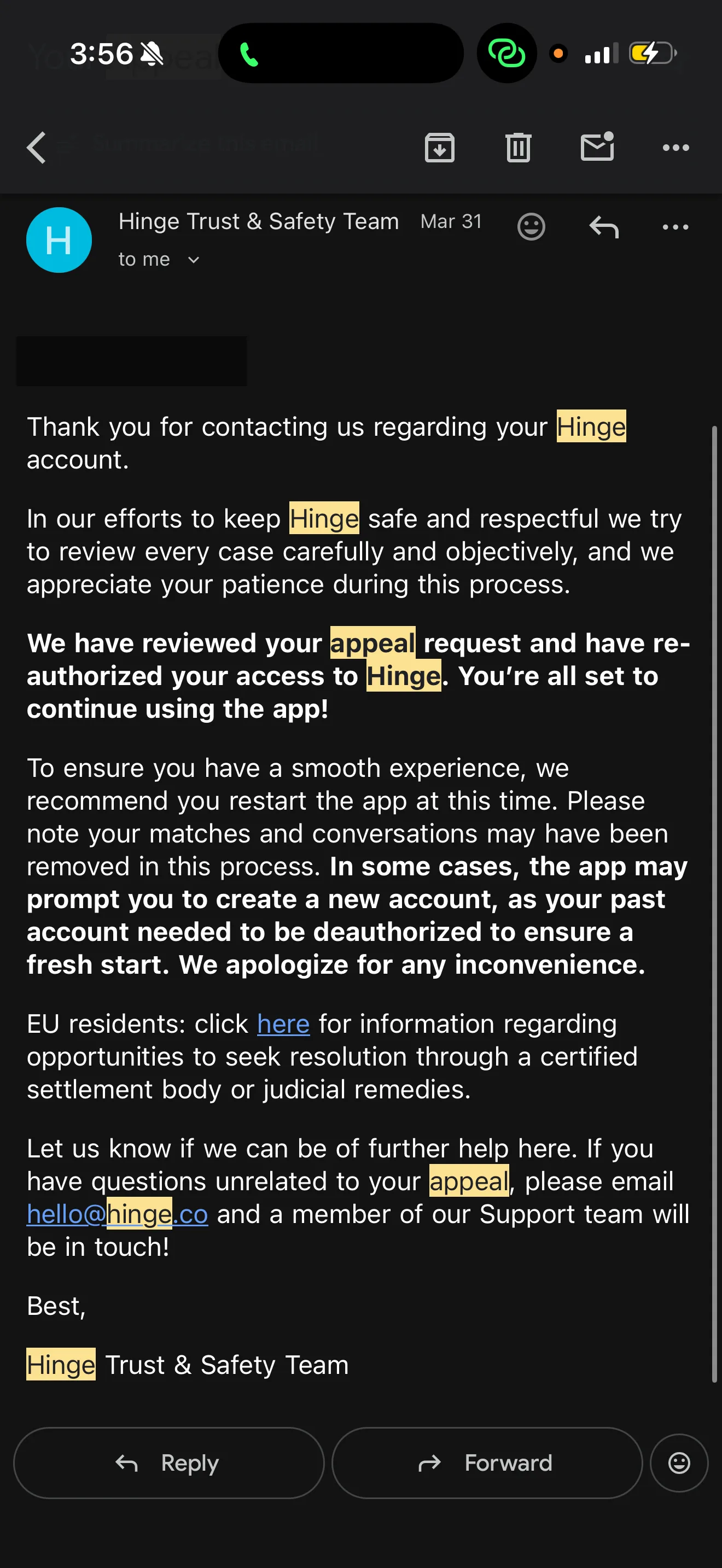 Hinge reinstatement email: 'We have re-authorized your access to Hinge'