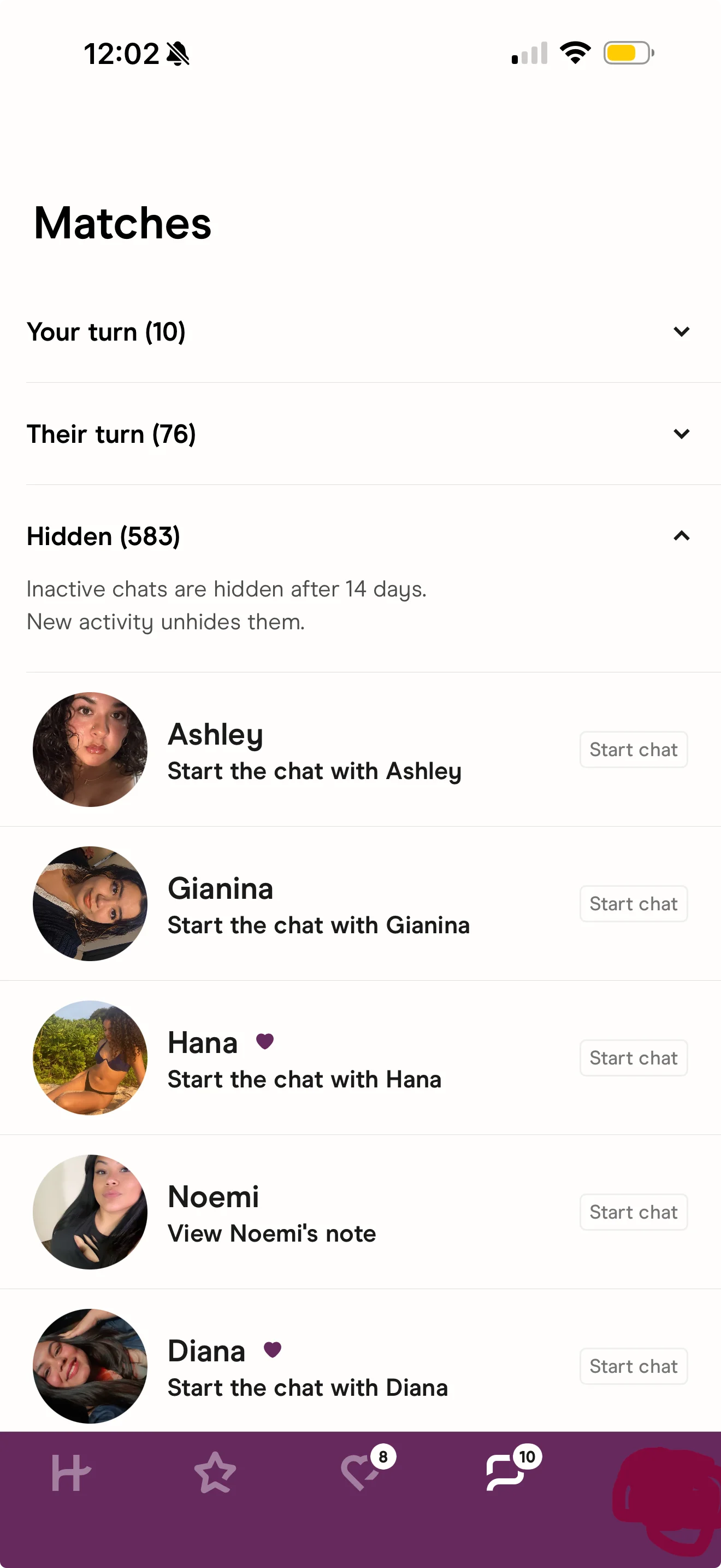 Hinge matches inbox showing 10 in your turn, 76 in their turn, 583 hidden — real client at day 21